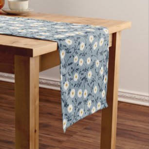 French Navy Blue Modern Farmhouse Daisy Pattern Short Table Runner