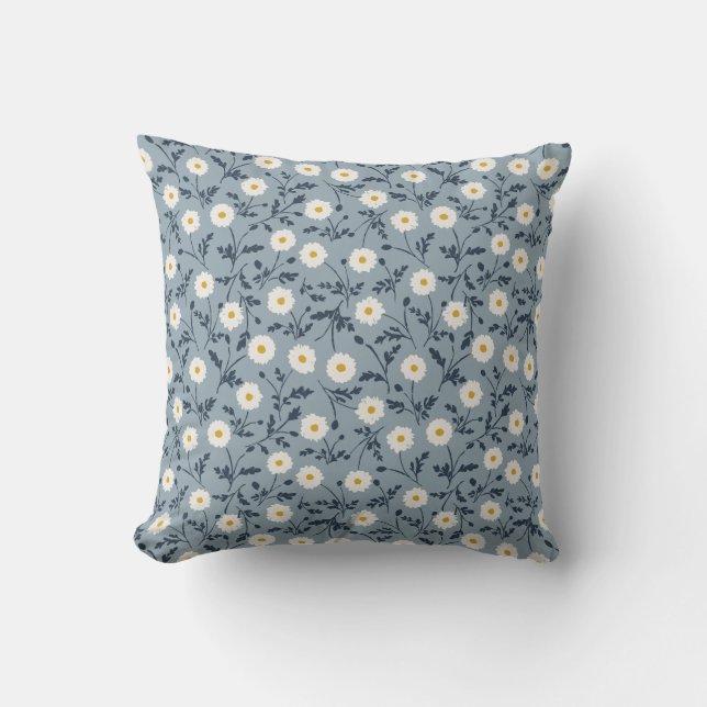 French Navy Blue Modern Farmhouse Daisy Pattern Throw Pillow (Front)