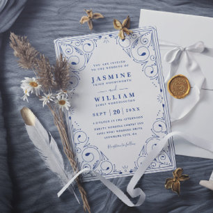 French Navy Renaissance Floral QR Code Wedding Invitation