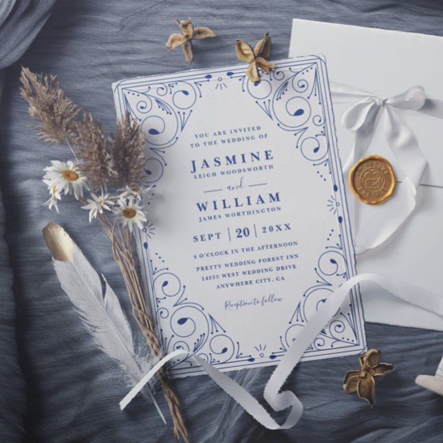 French Navy Renaissance Floral QR Code Wedding Invitation (Creator Uploaded)