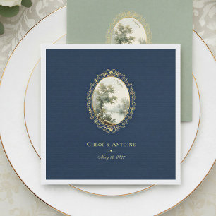 French Pastoral Navy Blue & Gold Wedding Napkin