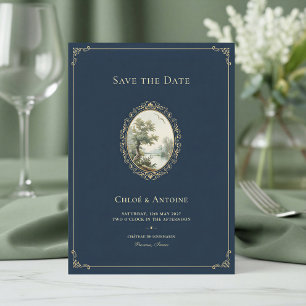 French Pastoral Navy Blue & Gold Wedding  Save The Date