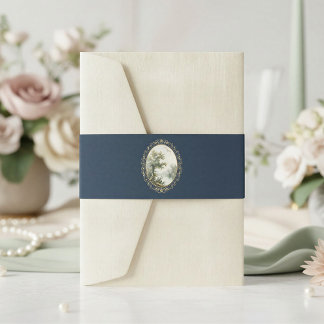 French Pastoral Navy Blue Wedding Invitation Belly Band