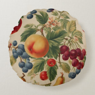 French Peach, Cherries, Blueberries, Pears, Apples Round Pillow