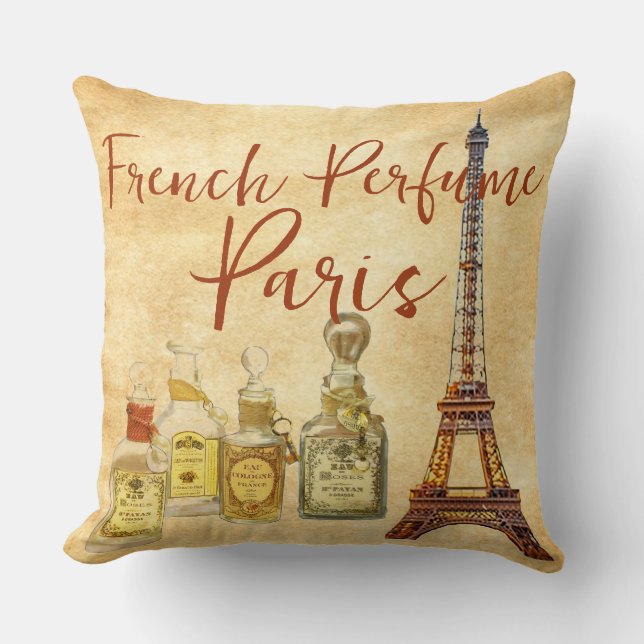 French Perfume Vintage Bottles Eiffel Throw Pillow (Front)