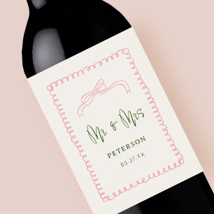 French Pink and Green Mr & Mrs Wedding Monogram Wine Label