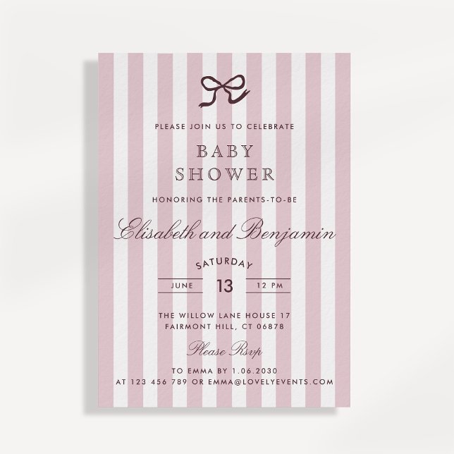 French Pink Bow & Stripes Baby shower Invitation (Créateur téléchargé)