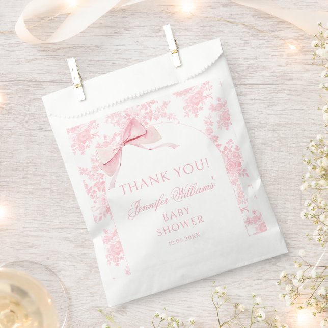 French Pink Bow Toile Floral Baby Girl Shower Favour Bag (Clipped)