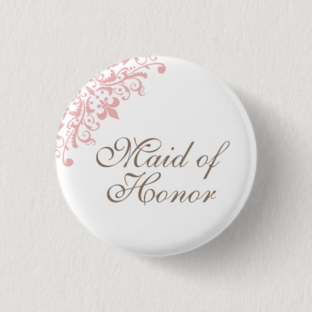 French Pink Fleur de Lis Script Maid of Honour 1 Inch Round Button (Front)
