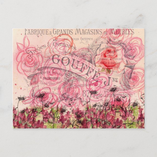 French Pink Rose Flower Watercolor Collage Postcard (Front)