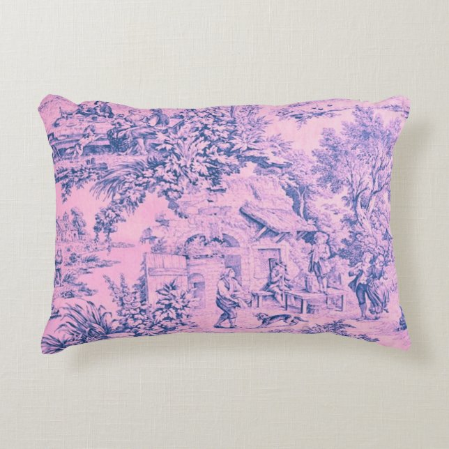 French Pink Toile Chinoiserie Rustic Rococo Style Accent Pillow (Front)