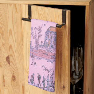 French Pink Toile de Jouy Chinoiserie Style Rustic Kitchen Towel