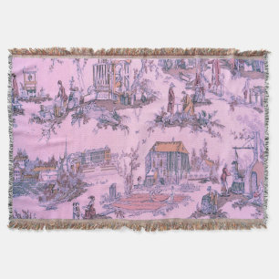 French Pink Toile de Jouy Chinoiserie Style Rustic Throw Blanket