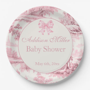 French Pink Toile Floral Bow Baby Girl Shower  Paper Plate
