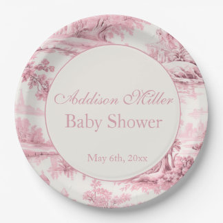 French Pink Toile Floral Bow Baby Girl Shower  Paper Plate