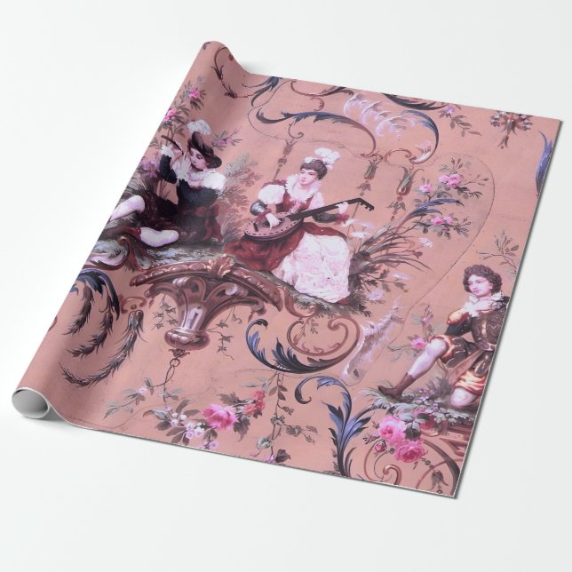 French Pink Toile Victorian Style Floral Decoupage Wrapping Paper (Unrolled)