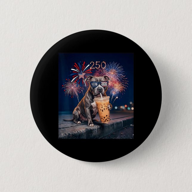 French Pitbull Drinking Iced Coffee Flag Dog 4th 2 Inch Round Button (Front)