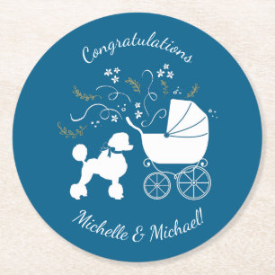 French Poodle Baby Shower Dog Puppy Blue Boy Round Paper Coaster