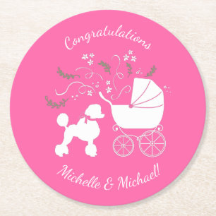 French Poodle Dog Baby Shower Puppy Pink Girl Round Paper Coaster