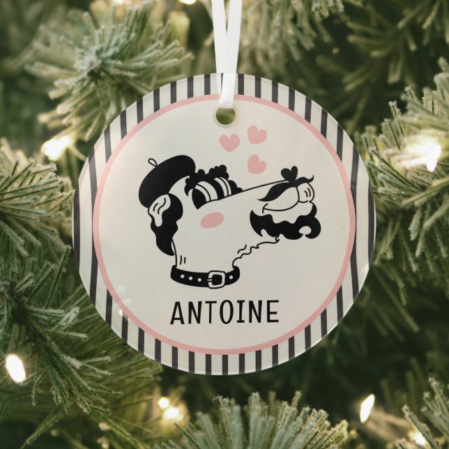 French Poodle Dog Wearing Beret Personalized Name Glass Ornament (Insitu)