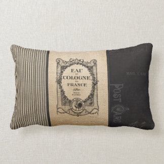 French Postage Cologne Burlap Black STripes Lumbar Pillow