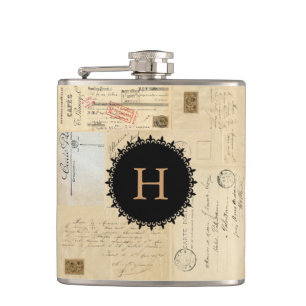 French Postcard Collage Monogram Flask
