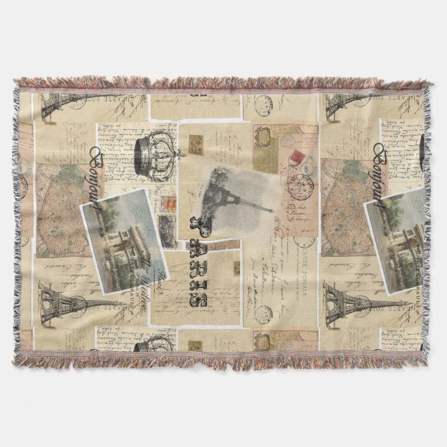 French Postcard Collage Throw Blanket (Front)