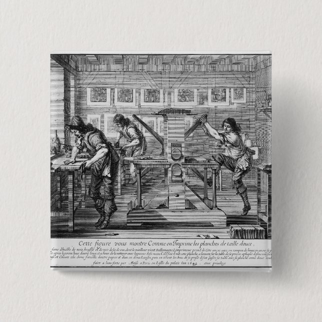 French printing press, 1642 2 inch square button (Front)