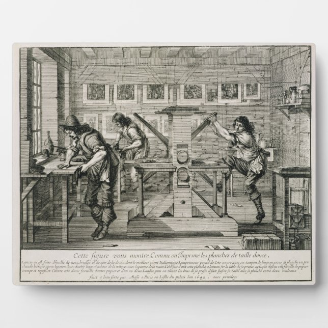French printing press, 1642 (engraving) plaque (Front)
