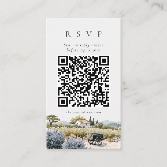 French Provence Vineyard Wedding QR Code RSVP Card (Front)