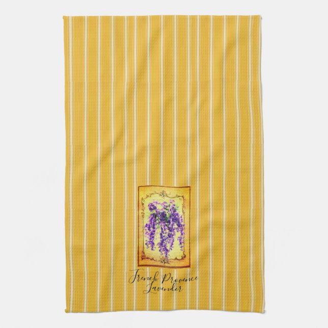 French Provence Yellow Stripes with Wisteria Label Kitchen Towel (Vertical)