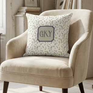 French Provincial Monogram Sage Olive Watercolor Throw Pillow