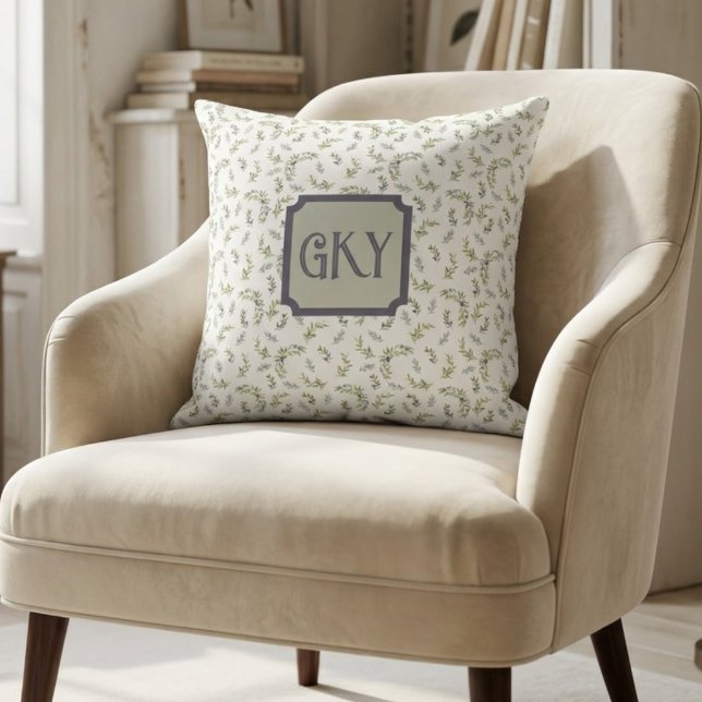 French Provincial Monogram Sage Olive Watercolor  Throw Pillow (Creator Uploaded)