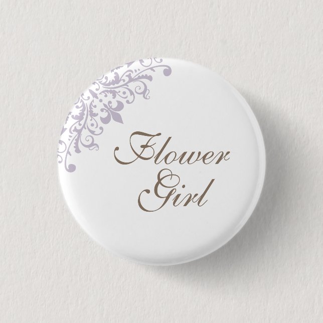 French Purple Fleur de Lis Script Flower Girl 1 Inch Round Button (Front)