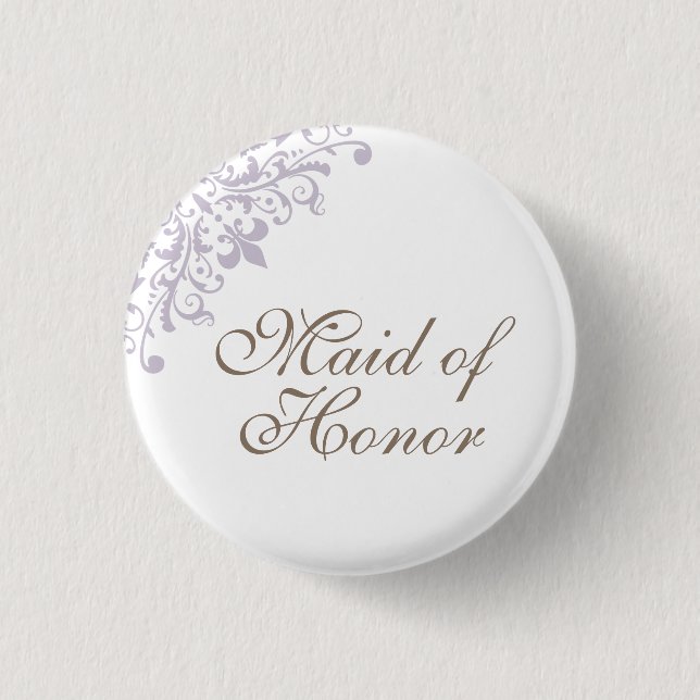 French Purple Fleur de Lis Script Maid of Honour 1 Inch Round Button (Front)