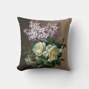 French Purple Lilac White Rose Botanical Floral Throw Pillow