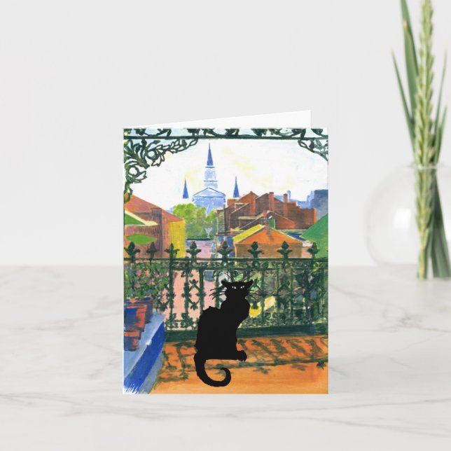 French Quarter Balcony with Black Cat Note Card (Front)