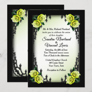 French Quarter Goth 4 Corner Green Rose Wedding Invitation