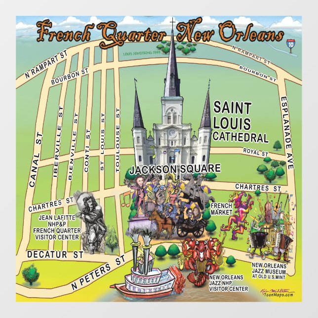 French Quarter New Orleans Fun Map Window Cling (Sheet)