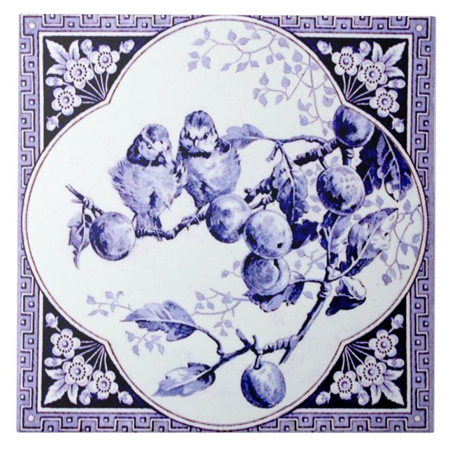 French Quatrefoil Framed Blue Birds Antique Repro Tile (Front)