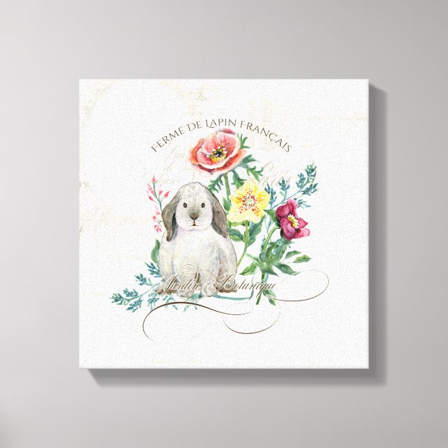 French Rabbit Farm Vintage Watercolor Bunny Floral Canvas Print (Front)