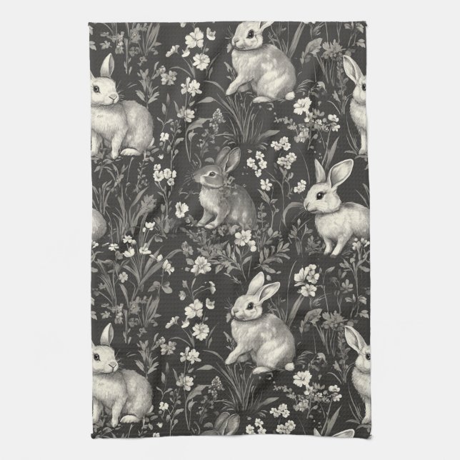 French Rabbit Toile in Black Floral Pattern Kitchen Towel (Vertical)