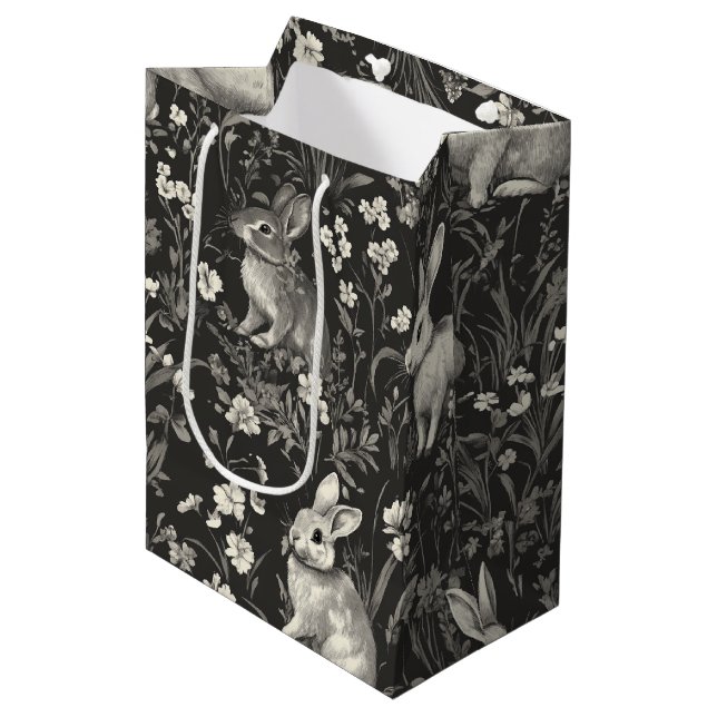 French Rabbit Toile in Black Floral Pattern Medium Gift Bag (Front Angled)