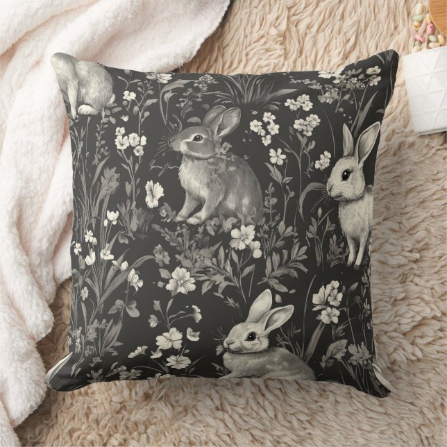 French Rabbit Toile in Black Floral Pattern Throw Pillow (Blanket)