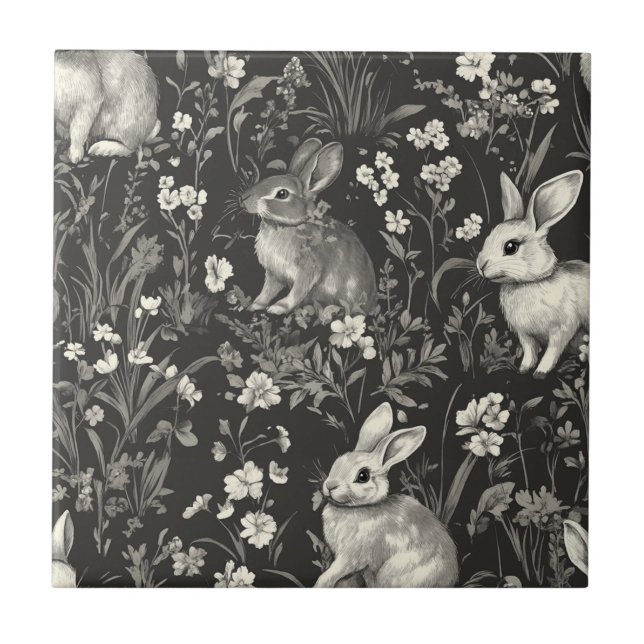 French Rabbit Toile in Black Floral Pattern Tile (Front)