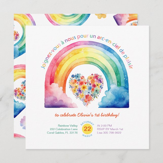 French Rainbow Girl Birthday Party Invitation (Front/Back)
