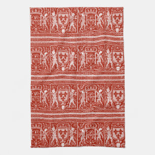 French Red and White Medieval Pattern Monogram H Kitchen Towel