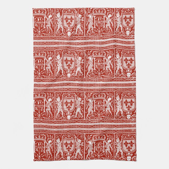 French Red and White Medieval Pattern Monogram H Kitchen Towel (Vertical)