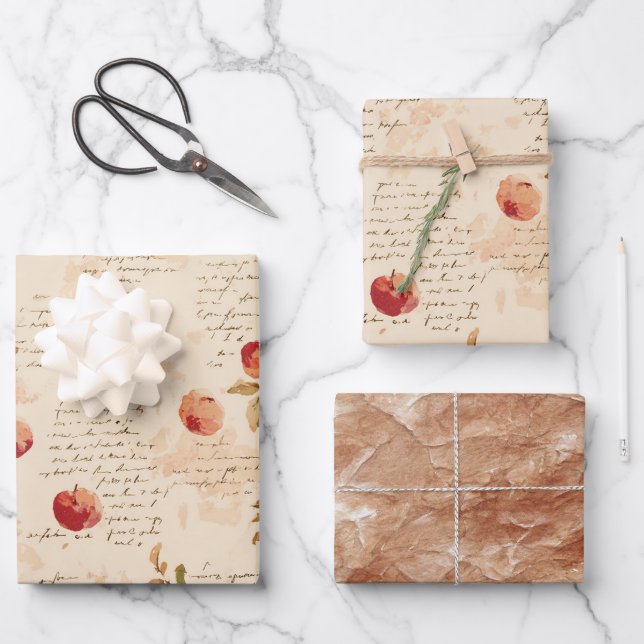 French Red Apples Bridal Shower Wrapping Paper Sheet (Front)
