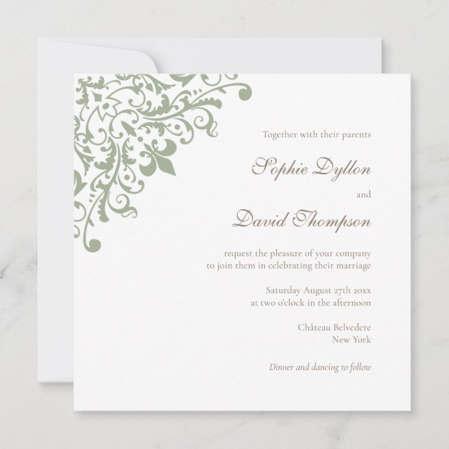 French Regency Green Fleur de Lis Square Invitation (Front)